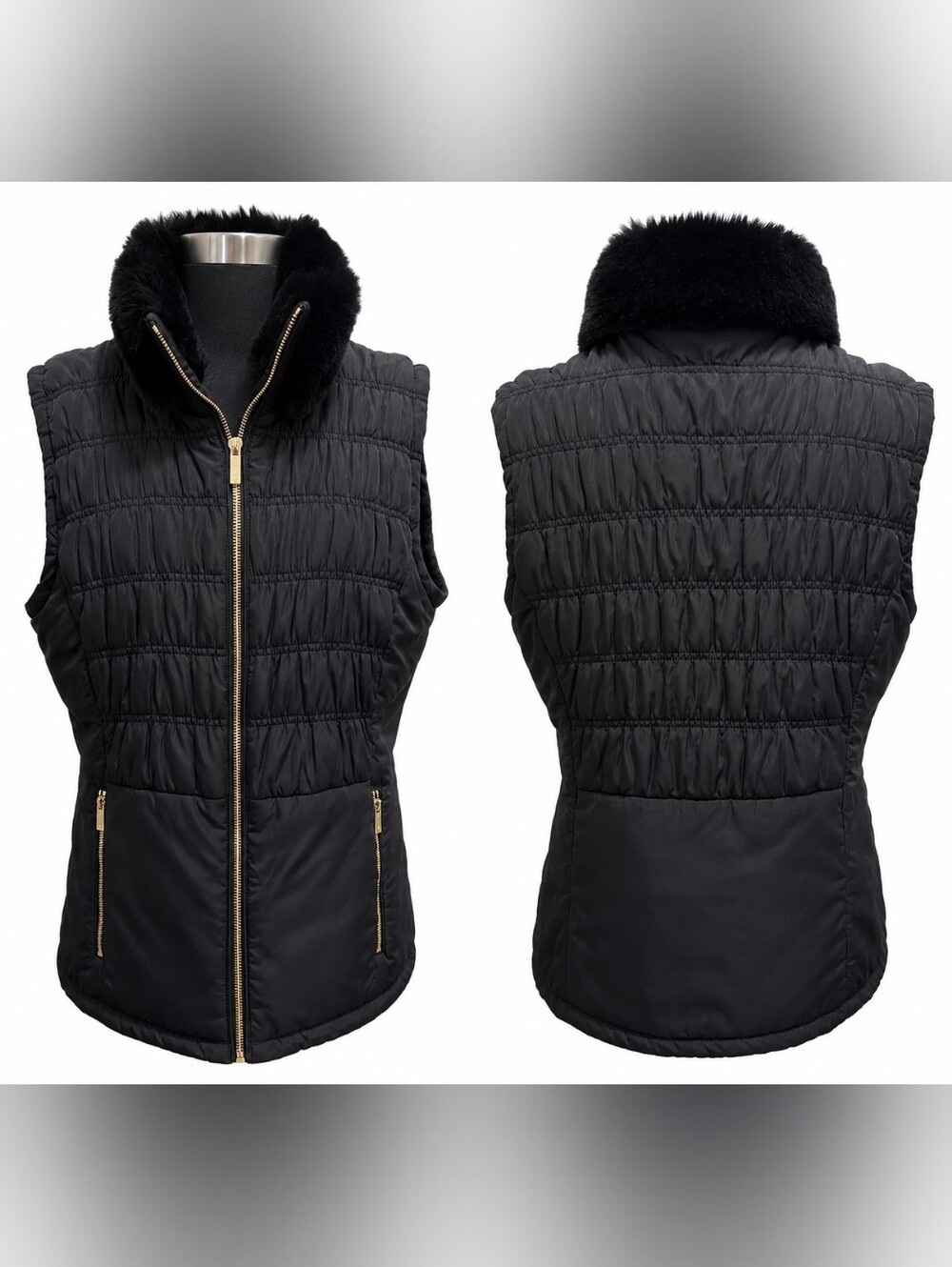Calvin Klein Black Quilted Vest with Faux Fur Collar and Gold Zippers